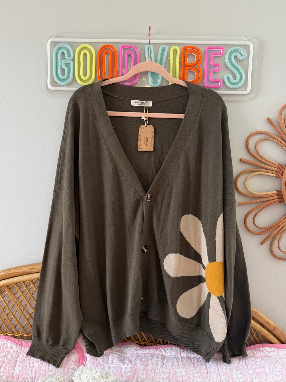Natural Life- Oversized Daisy-Print Cardigan Sweater - Olive